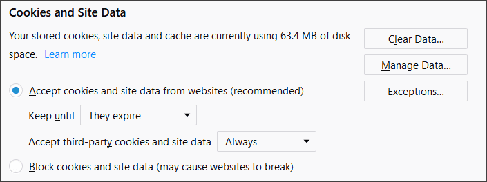 Firefox Cookie Settings