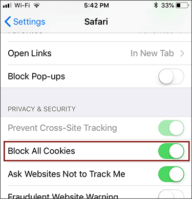 iOS Cookie Settings